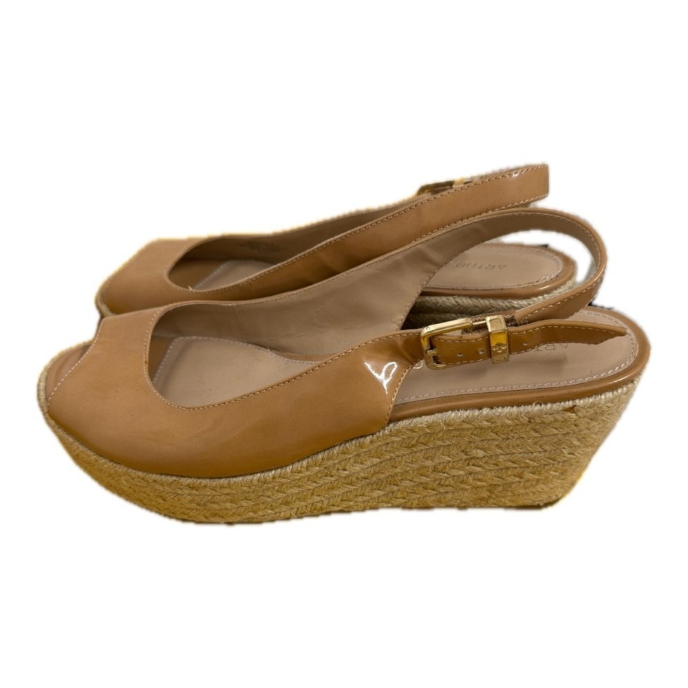Arturo Chiang Wedge Straw Heels Tan Patent Leather Open Toe Sling Back 9.5 Women